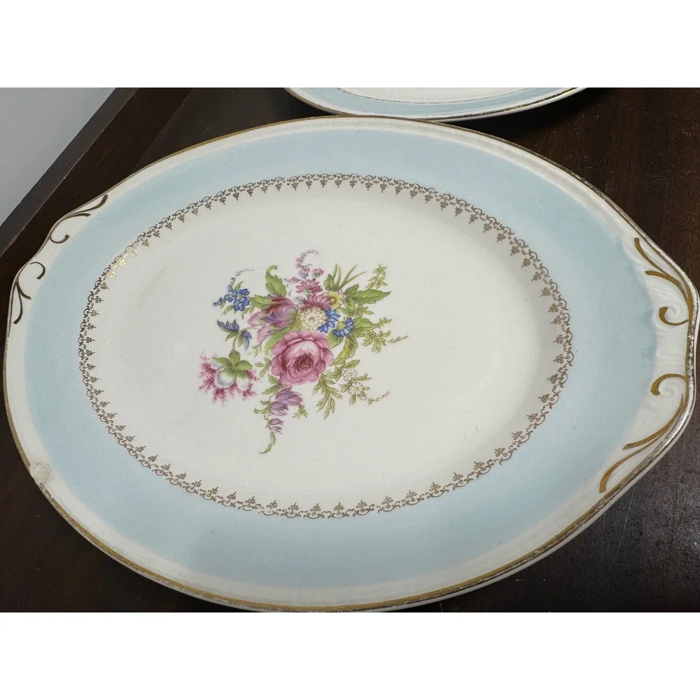 Vintage Floral Oval Serving Platter Set Blue Gold Gilt Scalloped Edge 2 Piece